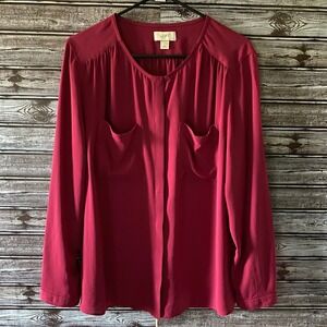 Ann Taylor LOFT Women's Long-Sleeved Button-Down Blouse XL Berry Hidden Buttons‎